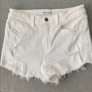 EUC Studio Blue White Jean Shorts Distressed Frayed Hem